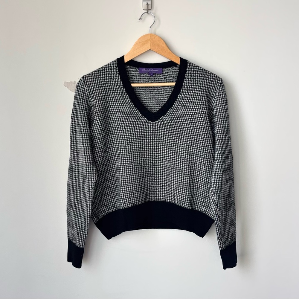 Ralph Lauren Purple Label Houndstooth Merino Wool V-Neck Sweater Size L Jacquard - Picture 2 of 14